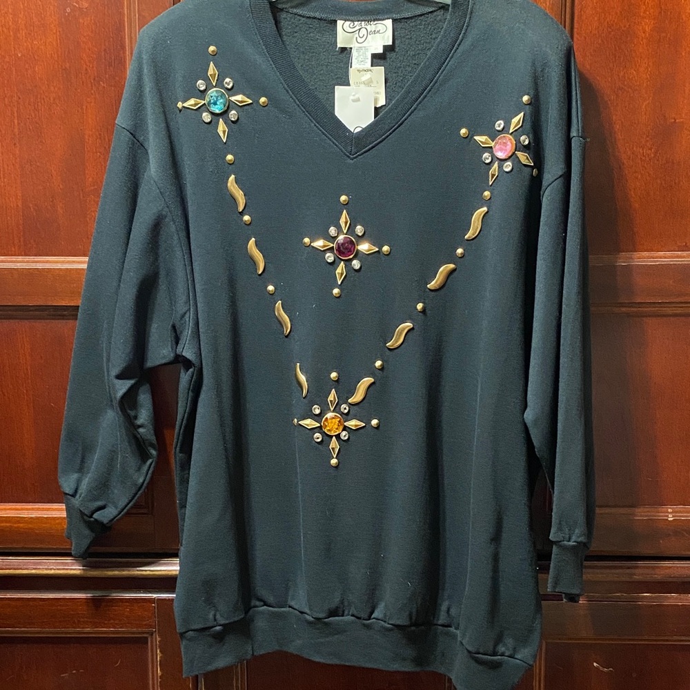 Carole Jean vintage Black V-Neck sweatshirt with Jewel Accents plus size 3X